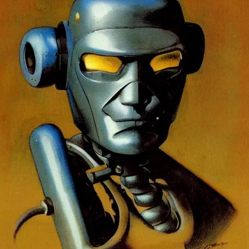 Prompt: portrait of a robot by frank frazetta in the style of frank frazetta