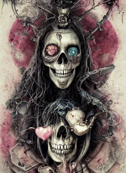 Image similar to Alice in Wonderland Mad Hatter Death Tarot card,highly detailed,half skull face,cinematic,8k,by Stanley Artgermm,Tom Bagshaw,Greg Rutkowski,Carne Griffiths, Ayami Kojima, Beksinski, Giger,Anne Stokes, Benjamin Lacombe,trending on DeviantArt,hyper detailed,horror, full of colour