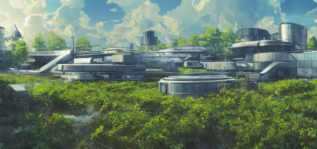 Image similar to a futuristic laboratory built into a farm, flooded fields of water as far as the eye can see, overwatch style, anime inspired, 2d art concept, beautiful render, peaceful, early morning