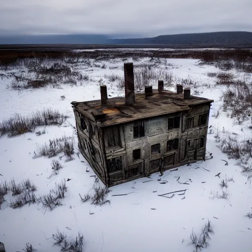 Image similar to a distorted post-apocalyptic landscape with a singular iron-made 10-foor house near the frozen lake hd 8k photo