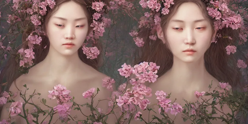 Image similar to breathtaking detailed weird concept art painting of few goddesses of light pink flowers, orthodox saint, with anxious, piercing eyes, ornate background, amalgamation of leaves and flowers, by Hsiao-Ron Cheng, extremely moody lighting, 8K