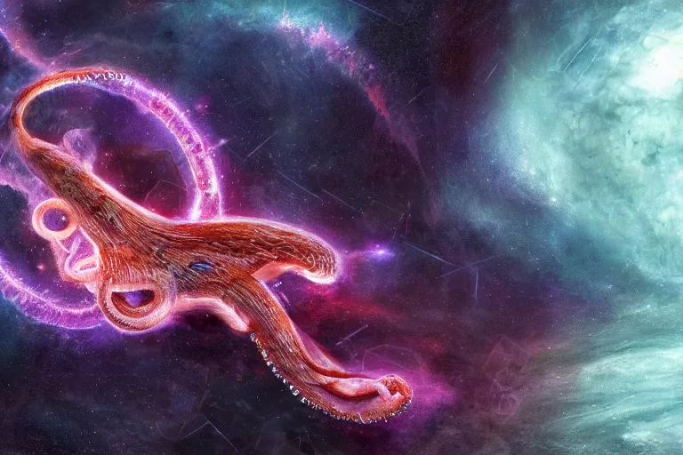 Prompt: a giant lovecraftian tentacle creature emerging from a space nebula, digital art, photorealistic, highly detailed, intricate