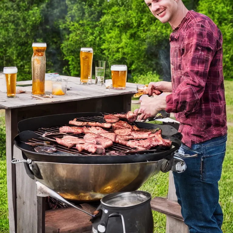 Prompt: Alabama boy cooking barbeque and drinking beer , cinematic lighting, photorealistic image, 8k, ultra detailed, high resolution,