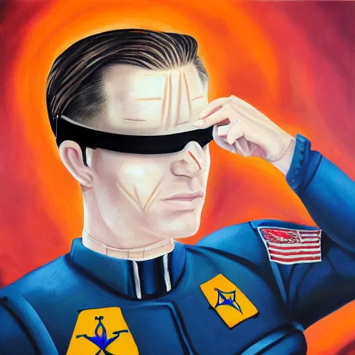 Image similar to painting of square - jawed emotionless serious blonde woman starship engineer, tribal tattoos, handsome, short slicked - back hair, sweating, uncomfortable and anxious, looking distracted and awkward, wearing victorian dark goggles, flight suit and gloves, small spacecraft in background, highly detailed, mike mignogna, trending on artstation