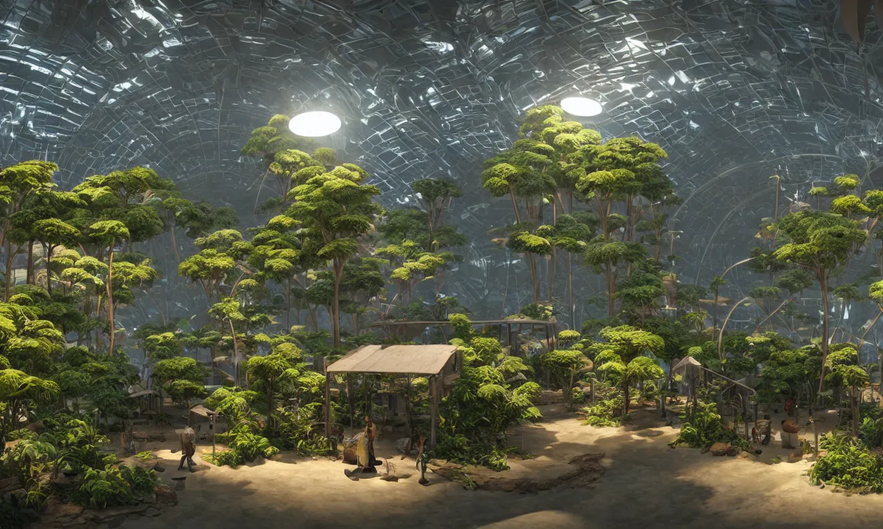 Image similar to an exhibition hall with big solarpunk diorama with reflective metal engine, fused into epoxide, high detail, raytracing, back light, raymarching, new movie from digital domain and weta digital, strong ambient occlusion