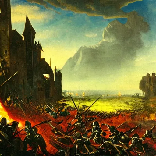 Prompt: distant evening medieval war landscape, two armies clashing on an open field, atmospheric, dnd