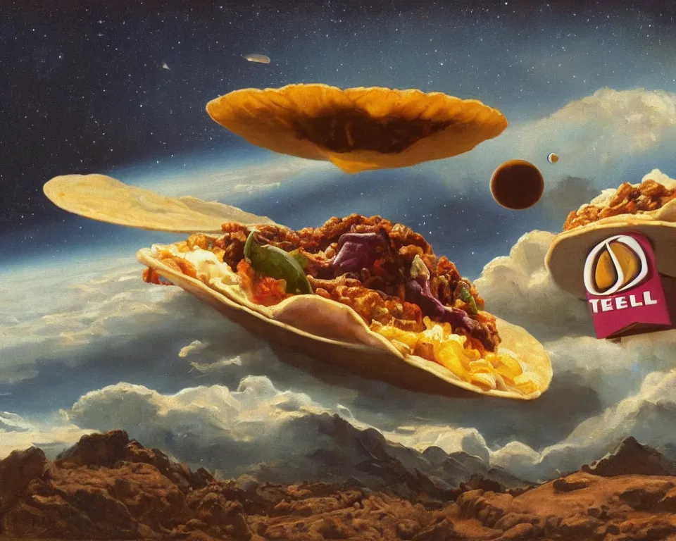 Prompt: an achingly beautiful oil painting of a derelict Taco Bell orbiting planet earth by Raphael and Hopper.