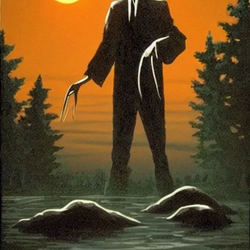 Prompt: phantasm's the tall man standing by a lake at night, spooky, scary, horror, highly detailed