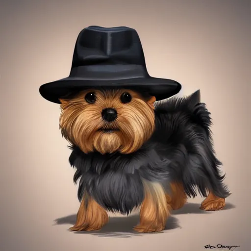 Prompt: detective yorkshire terrier wearing a fedora, disney eyes, in a dark alley, by D&D Concept Artists