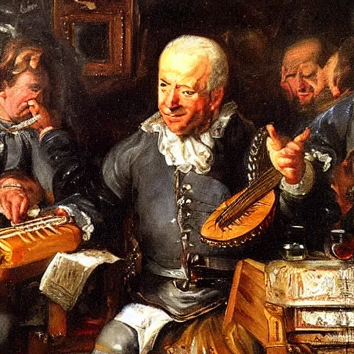 Prompt: Oil painting of Joe Biden playing the Hurdy Gurdy at a fantasy tavern, by Peter Paul Rubens