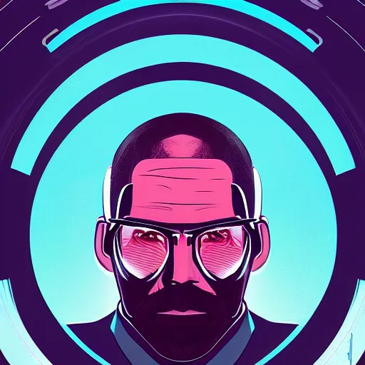 Image similar to portrait of a bald man, synthwave, universe background, symmetrical, artstation