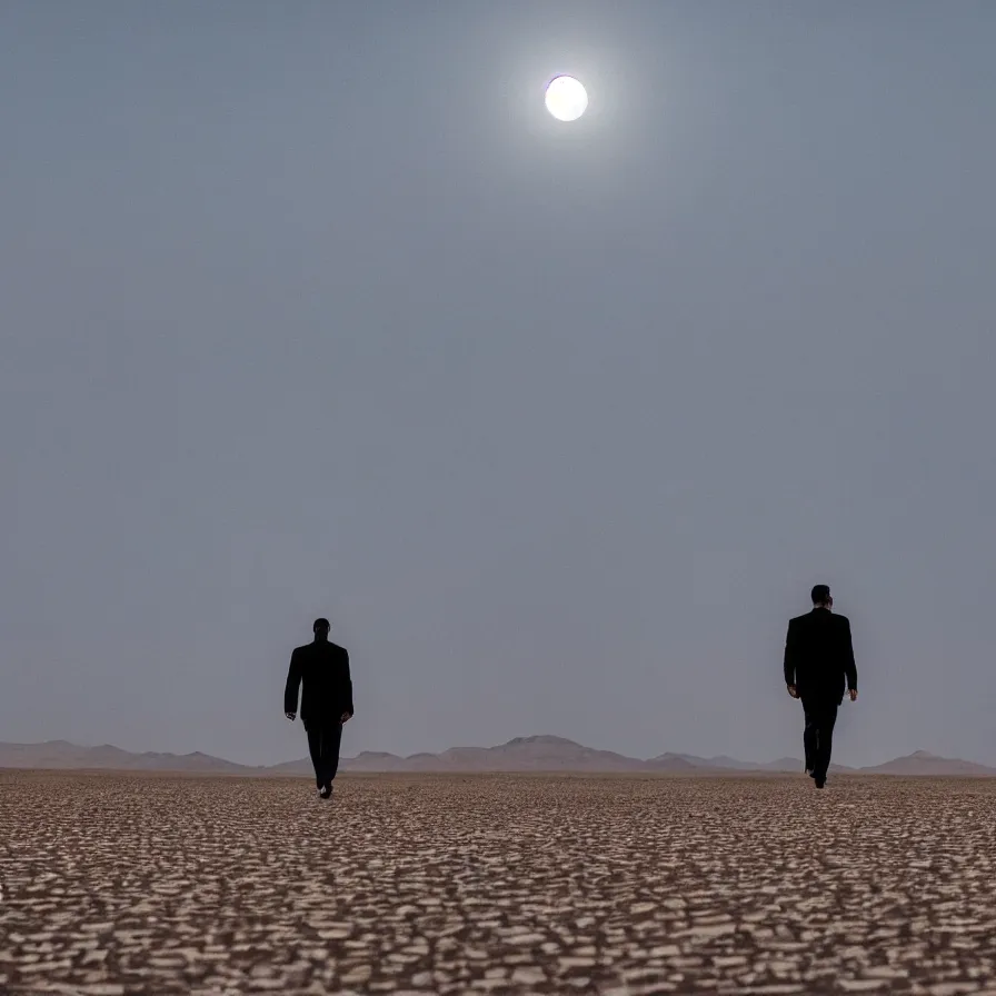 Image similar to a beautiful landscape of a powerful man wandering in a vast desert lit by the man in the moon