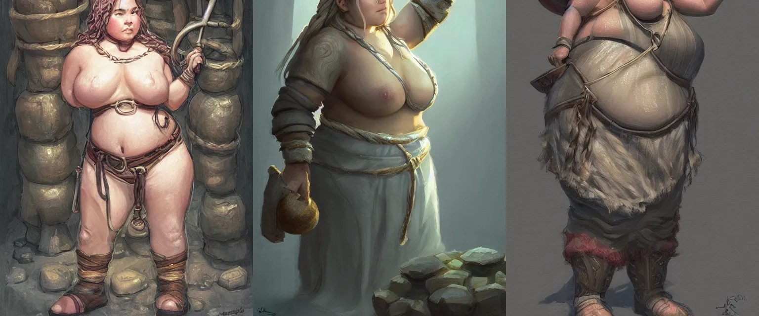 Prompt: cute chubby female dwarven cook before a cauldron | neat elaborated light blonde braided hair bum| big nose | beautiful plump body | intricate, highly detailed, digital painting, artstation, concept art, soft lighting, dungeons and dragons , art by Mark Zug and Donato Giancola