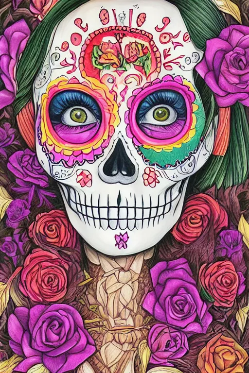 Prompt: Illustration of a sugar skull day of the dead girl, art by martine johanna