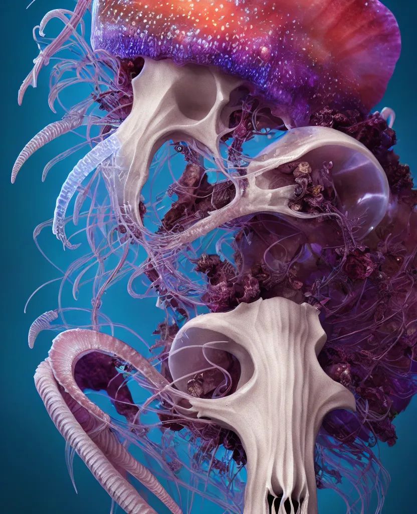 Prompt: goddess close-up portrait goat skull. jellyfish phoenix head, nautilus, orchid, skull, betta fish, bioluminiscent creatures, intricate artwork by Tooth Wu and wlop and beeple. octane render, trending on artstation, greg rutkowski very coherent symmetrical artwork. cinematic, hyper realism, high detail, octane render, 8k