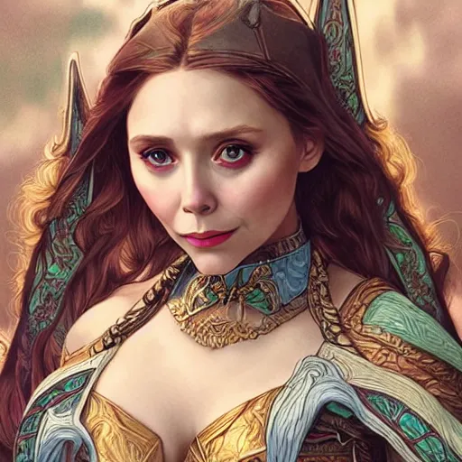 Image similar to Elizabeth Olsen as a elf archer, cute, fantasy, intricate, elegant, highly detailed, centered, digital painting, artstation, concept art, smooth, sharp focus, illustration, art by artgerm and H R Giger and alphonse mucha