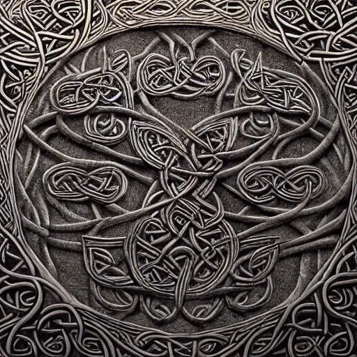 Image similar to Intricate and highly detailed Celtic Knotwork etched in an ancient tree, intricate, highly detailed, fullbody, artstation, dark fantasy, horror, Silent Hill game, concept art, smooth, sharp focus, illustration, art by greg rutkowski and orientalism and bouguereau and Zdzislaw Beksinski, good clear quality, lighting, biology, symmetrical artwork, perfect face, 135 mm, cinematic, hyper realism, high detail, octane render, 8k, chrome accents