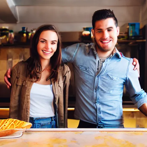 Image similar to a young couple standing on top of the counter at a diner