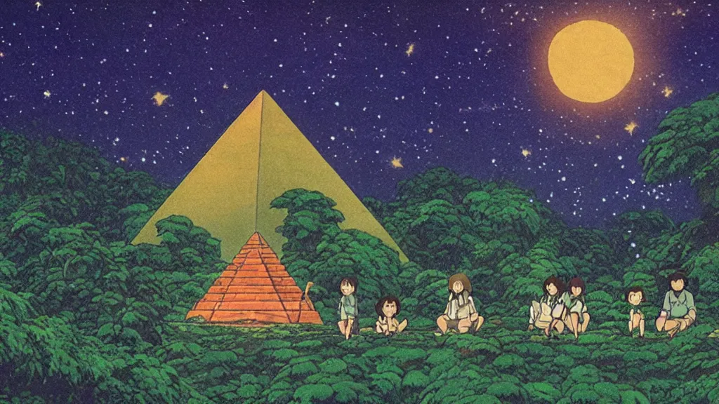 Image similar to a movie still from a studio ghibli film showing a glowing pyramid in the rainforest. a group of giant aliens meditate outside on a misty and starry night. by studio ghibli