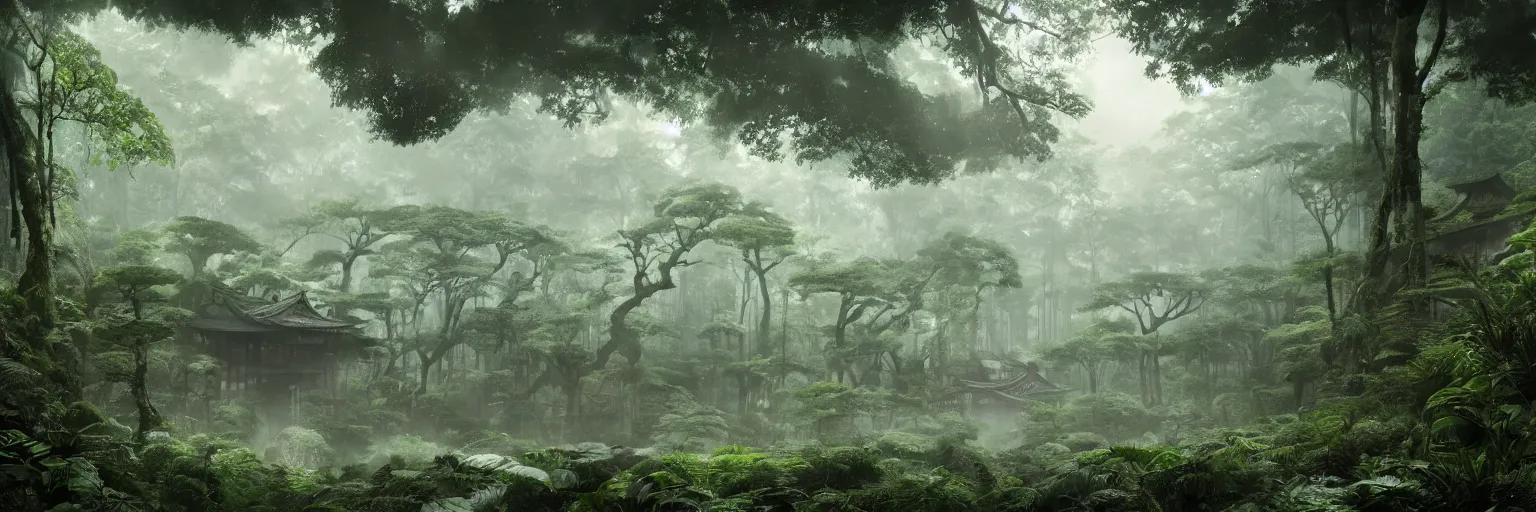 Image similar to japanese metabolism architecture deep in the rainforest. nature is taking over. matte painting in the style of craig mullins. mist. cinematic. octane render.