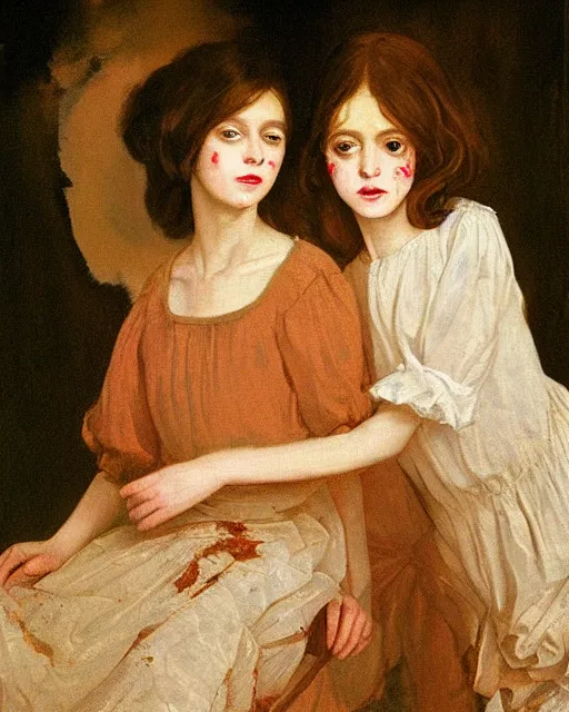 Image similar to a baroque painting of two beautiful but creepy siblings wearing linen shirts in layers of fear, with haunted eyes and dark hair, 1 9 7 0 s, seventies, wallpaper, a little blood, morning light showing injuries, delicate embellishments, painterly, offset printing technique, by brom, robert henri, walter popp