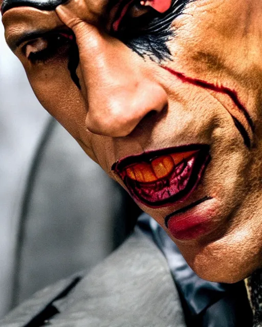 Image similar to Film still close-up shot of Dwayne The Rock Johnson as The Joker from the movie The Dark Knight. Photographic, photography