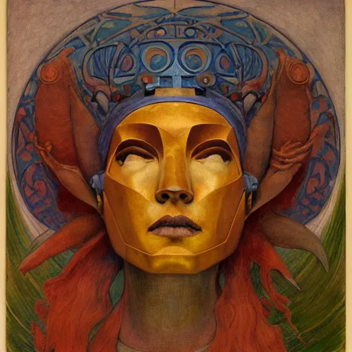 Image similar to the robot queen with her bird mask, by annie swynnerton and diego rivera and elihu vedder and jean delville, symbolist, dramatic lighting, elaborate geometric ornament, head and shoulders view, art brut, soft cool colors, smooth, sharp focus, extremely detailed, adolf wolfli, leo and diane dillon, nicholas roerich