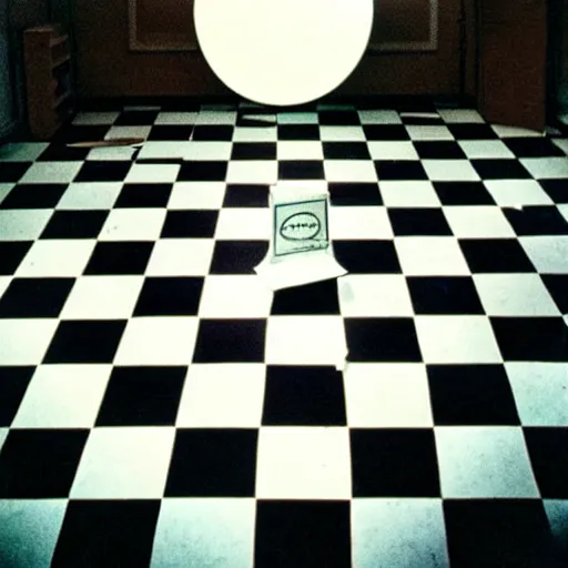 Image similar to 3 5 mm film photography by stanley kubrick, award winnin photo of an old room with checker floor and with a singular cloud floating inside it