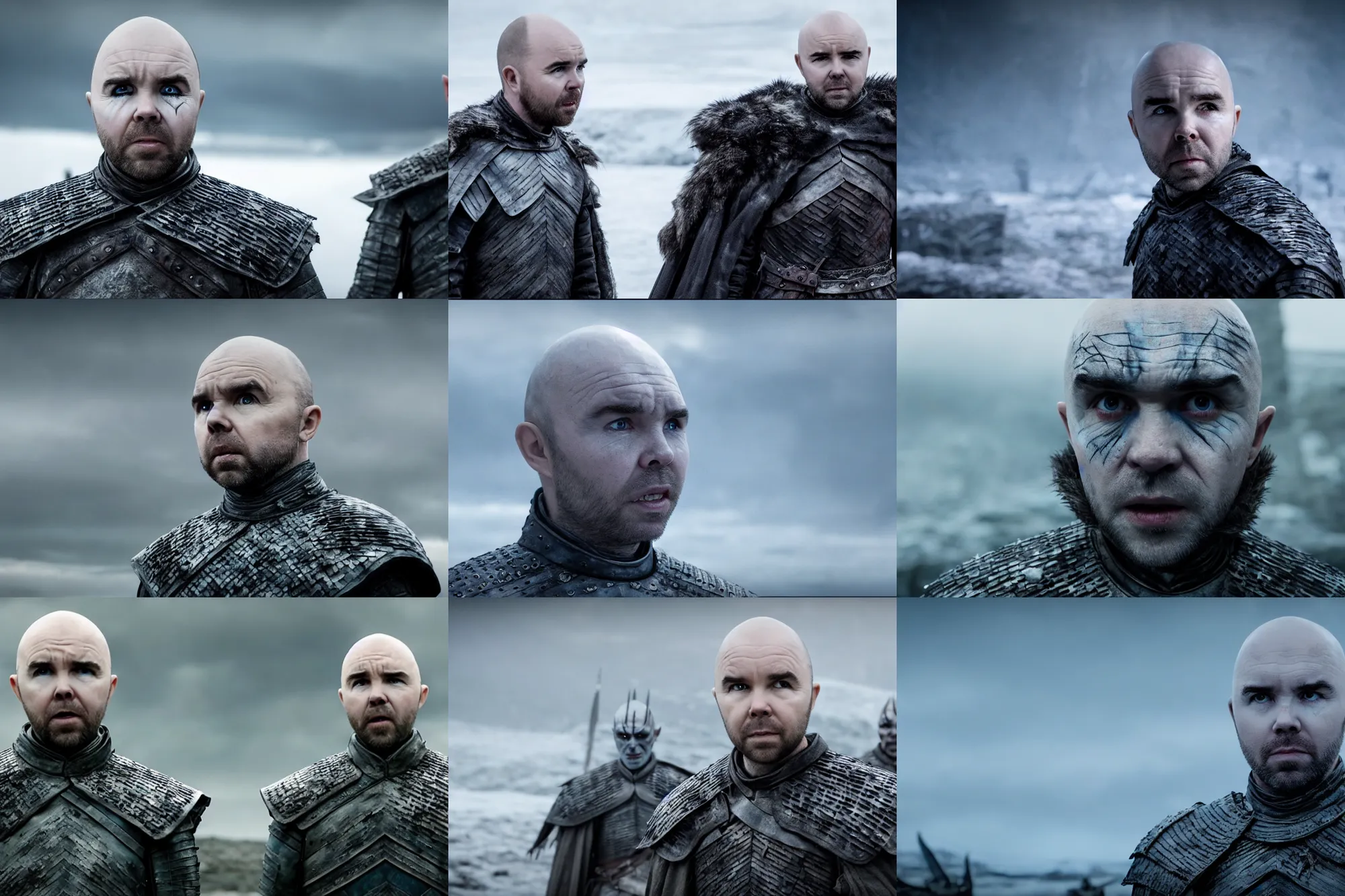Prompt: karl pilkington as the night king, still image from game of thrones, hd footage, upscaled to 4 k