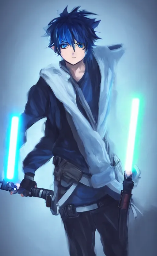 Image similar to anime boy with messy blue hair wearing black long jacket holding an dual blade lightsaber, WLOP, concept art, digital painting, trending on artstation, highly detailed, epic composition, 8k UHD