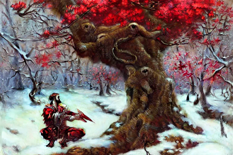 Image similar to winter, a male warrior relaxing under a huge tree with red flowers, ground covered with snow, extreme long shot, fantasy, painting by gaston bussiere, craig mullins, j. c. leyendecker, trending on artstation