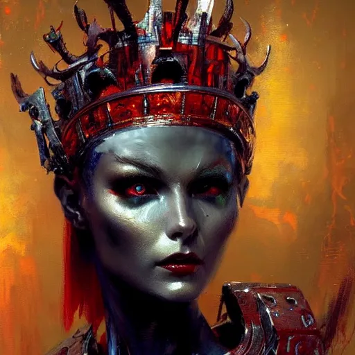 Image similar to attractive demon queen with crown and red eyes as an i robot, painting by gaston bussiere, craig mullins, luis rollo, torso portrait, digital painting, highly detailed, artstation, sharp focus, illustration, concept art, hd