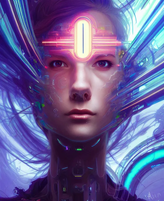 Image similar to a whirlwind of souls rushing inside the metaverse, half body, glowin eyes, android, cyborg, cyberpunk face, by loish, d & d, fantasy, intricate, elegant, highly detailed, colorful, vivid color, digital painting, artstation, concept art, art by artgerm and greg rutkowski and alphonse mucha and ruan jia