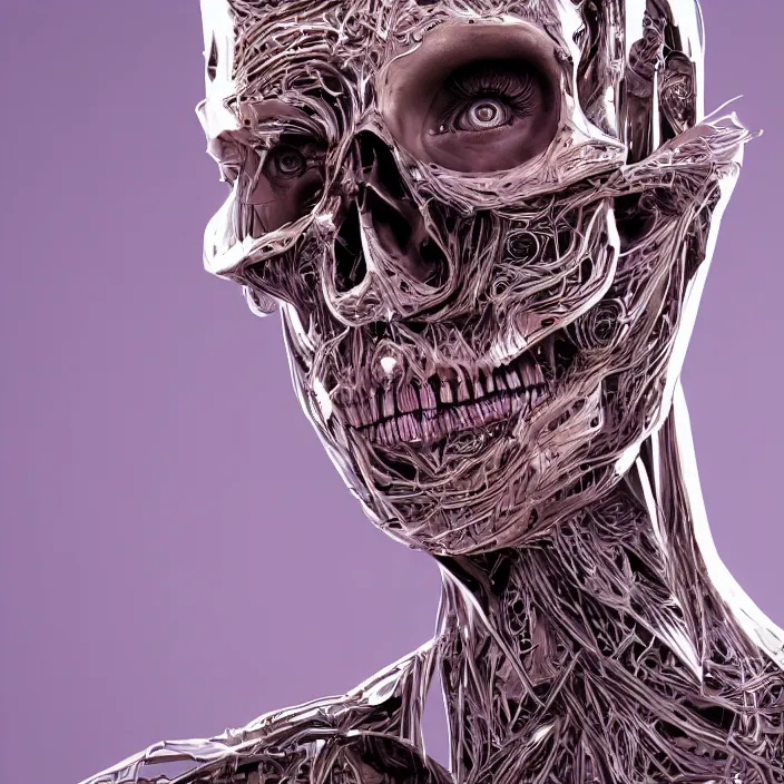 Image similar to portrait of charlize theron as a skull in a suit. intricate abstract. intricate artwork. nightmare fuel. by Tooth Wu, wlop, beeple, dan mumford. octane render, trending on artstation, greg rutkowski very coherent symmetrical artwork. cinematic, hyper realism, high detail, octane render, 8k, iridescent accents