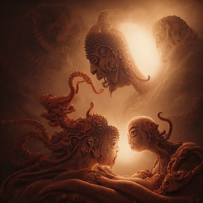 Image similar to portrait of two buddhist demons kissing each other in wastelands on white exoplanet at night, baroque portrait painting, beautiful intricate insanely detailed octane render, artstation, 8 k artistic harsh flash photography, photorealistic, volumetric perfect light, chiaroscuro, raphael, caravaggio, beksinski, rutkowski, giger