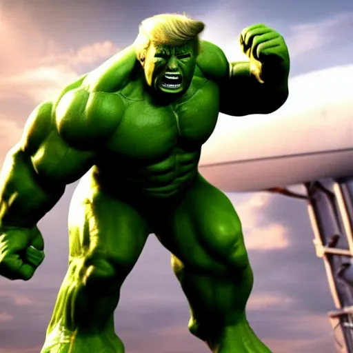 Prompt: Donald Trump cast as the Hulk, still from marvel movie, hyperrealistic, 8k, Octane Render,