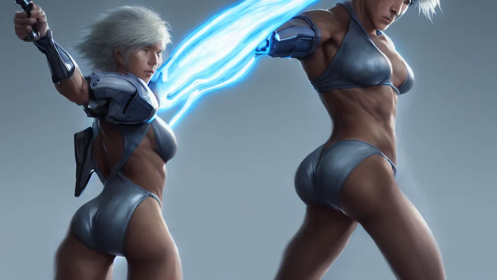 Image similar to portrait, single, raiden from metal gear, bikini, body and torso, pixar and disney animation, sharp, rendered in unreal engine 5, highly detailed, digital painting, concept art, smooth, sharp focus, wallpaper, splash art, dramatic lighting, art by artgerm and greg rutkowski and bo chen and jin xiaodi
