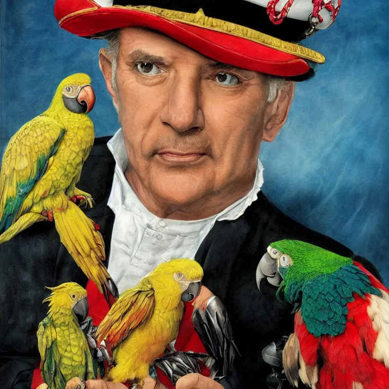 Image similar to close - up octane render portrait by wayne barlow and carlo crivelli and glenn fabry, an extremely elegant bold stern well - dressed admiral in a very powerful uniform, holding a colorful parrot, inside a colorful highly - themed nautical bar, very short depth of field, bokeh