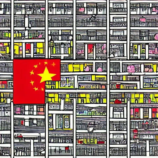 Image similar to a chinese prison, in the style of daniel johnston, 8 k, line brush, minimal, brightly coloured, flat blocks of color, overlaid with chinese adverts