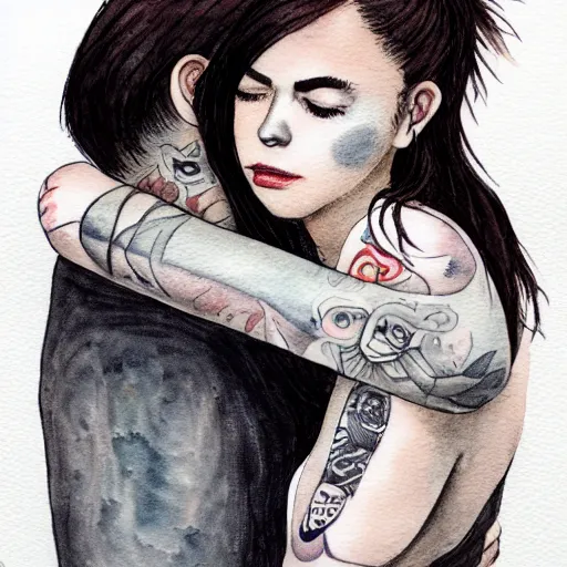 Prompt: Hot young woman, grey skin, void eyeballs, tattoos, wearing a leather jacket, hugging a shrouded person as they cry on her chest, comforting, touching, wholesome, art, watercolour, big sister, little brother, 8k