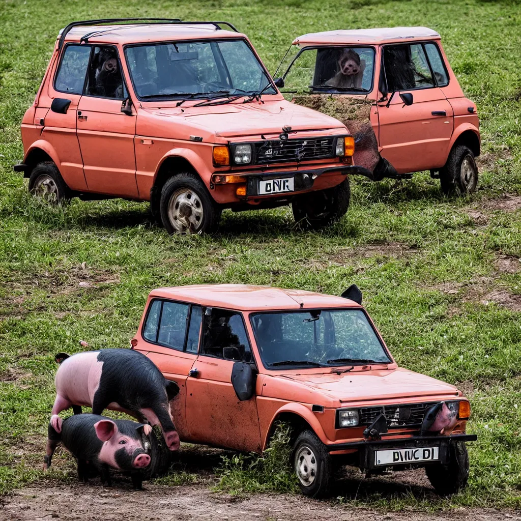 Image similar to pig driving, lada niva, award winning photography