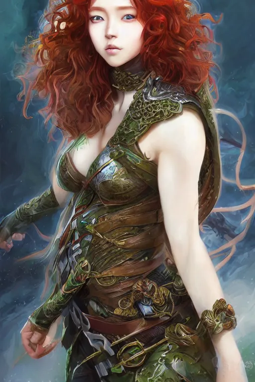 Image similar to A realistic anime portrait of long curly haired redhead female ranger wearing an intricate fantasy ranger outfit, asian facial features, green eyes, digital painting, by Stanley Artgerm Lau, Sakimichan, WLOP and Rossdraws, digtial painting, trending on ArtStation, SFW version