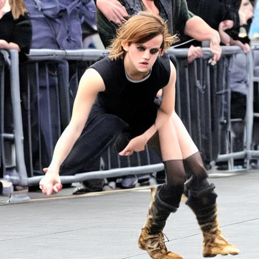 Prompt: emma watson grappling big foot to the ground, blurry focus