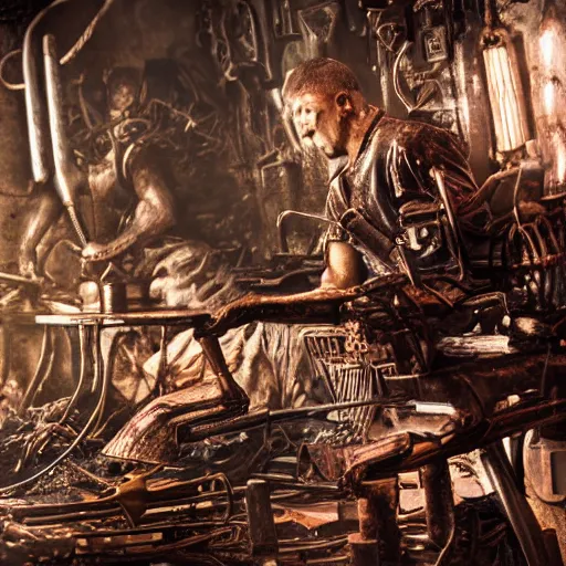 Prompt: intricate object made of rusted old egg beater and forks and knives, balding older cyborg repairing, red hot soldering iron, dark messy smoke - filled cluttered workshop, dark, dramatic lighting, cinematic, highly detailed, sci - fi, futuristic, movie still from blade runner