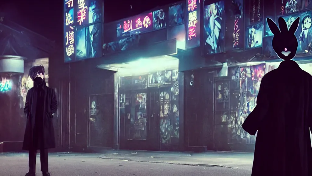 Image similar to a man wearing a black trench coat and black rabbit mask standing outside a night club, anime film still from the movie directed by Denis Villeneuve with art direction by Junji Ito, wide lens