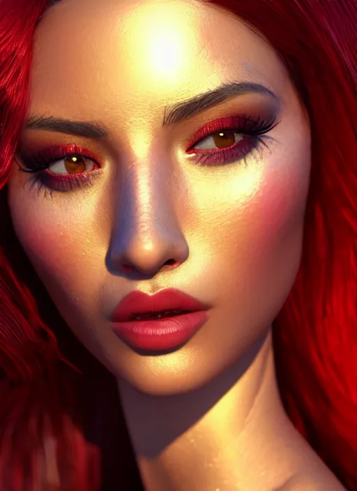 Prompt: portrait of latina, close up, mermaid, sharp focus, octane render, ( ( red armor ) ), rpg, beautiful, flare, reflections, unreal engine, symmetrical!!, maybelline, sephora, artstation, art by artgerm, rossdraws, art by karol bak, makeup, ( ( jewelry ) ), ( ( hopeful ) )