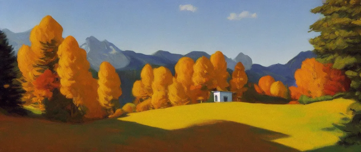 Prompt: an alpine landscape with a cottage, dense trees, fall, by edward hopper, new artstation artist,