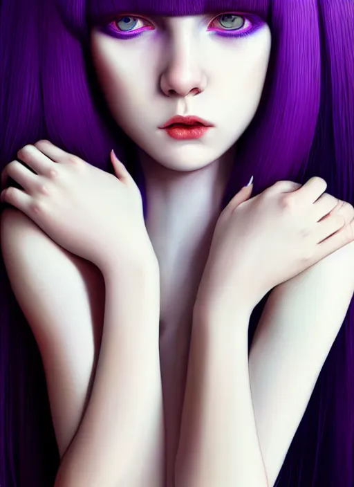 Image similar to hair whitebangs hair, black hair, whitebangs, portrait of teenage girl with white bangs, red irises, purple clothes, white bangs, bangs are different color from hair, intricate, elegant, glowing lights, highly detailed, digital painting, artstation, concept art, smooth, sharp focus, illustration, art by wlop, mars ravelo and greg rutkowski