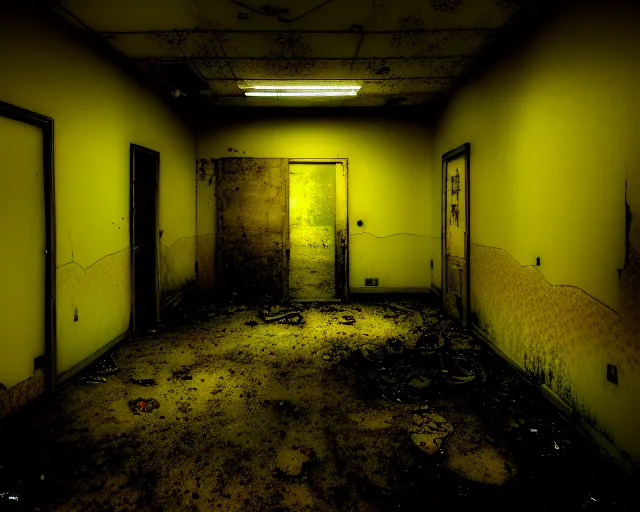 Prompt: the backrooms, the eerie forlorn atmosphere of a place that's usually bustling with people but is now abandoned and quiet, walls with tone of yellow, buzzing fluorescent lights, unsettling images