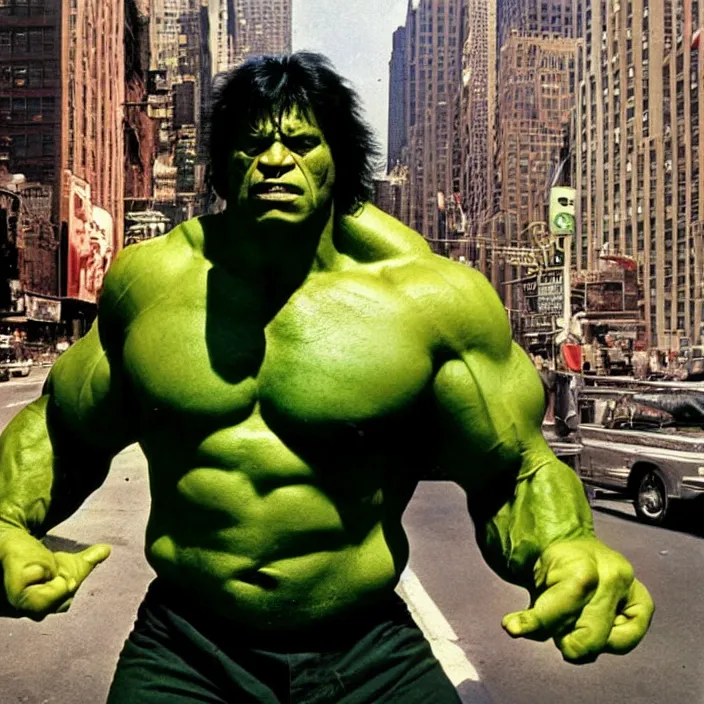 Image similar to a color photo portrait of the incredible hulk looking angry in new york city by richard avedon dramatic lighting.